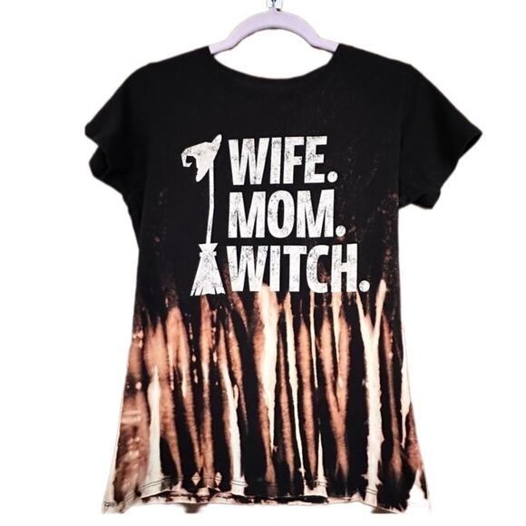 Upcycled Tops - Wife Mom Witch up cycle bleach black tee shirt broom medium
